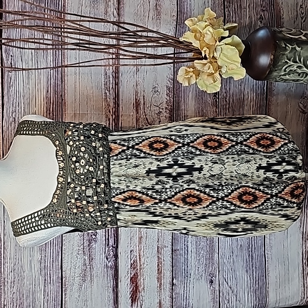 NWT MADISON PAIGE SLEEVELESS LINED CROCHET BEADED ELASTIC FLOUNCE DRESS